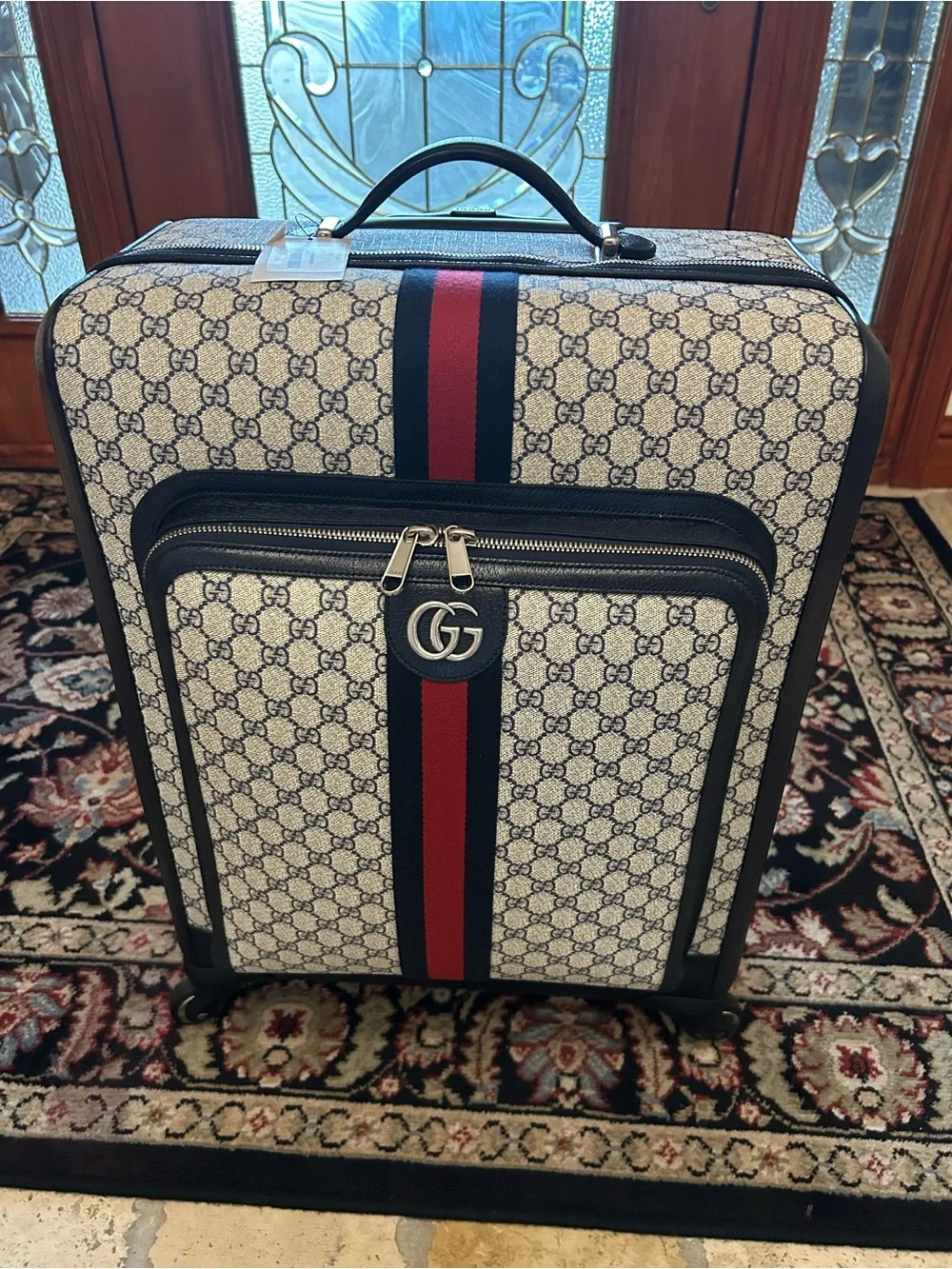 Gucci Savoy, GG Supreme suitcase, iconic blue/red web stripe made in Italy